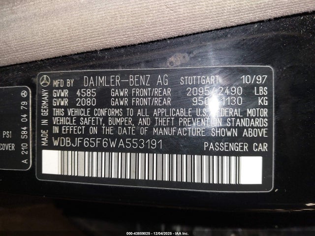 Aukcja sprzedaży 1998 Mercedes-benz E 320, vin: WDBJF65F6WA553191, numer aukcji: 43859025