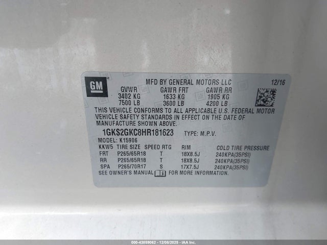 Aukcja sprzedaży 2017 Gmc Yukon Xl Slt, vin: 1GKS2GKC8HR181623, numer aukcji: 43859062