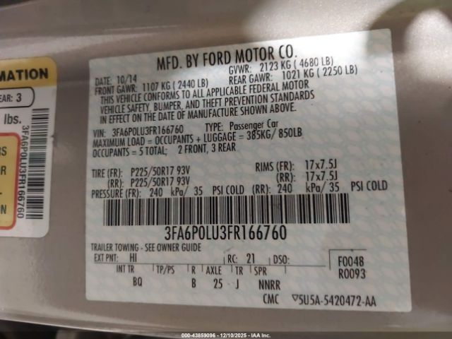 2015 FORD FUSION HYBRID 3FA6P0LU3FR166760 Photo 8