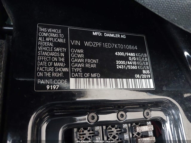 Auction sale of the 2019 Mercedes-benz Sprinter 2500 High Roof I4, vin: WDZPF1ED7KT010864, lot number: 43859235