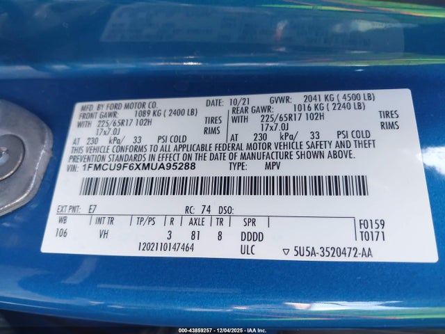 1FMCU9F6XMUA95288 Ford ESCAPE S