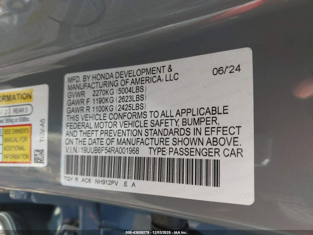 43859279 :رقم المزاد ، 19UUB6F54RA001968 vin ، 2024 Acura Tlx A-spec Package مزاد بيع