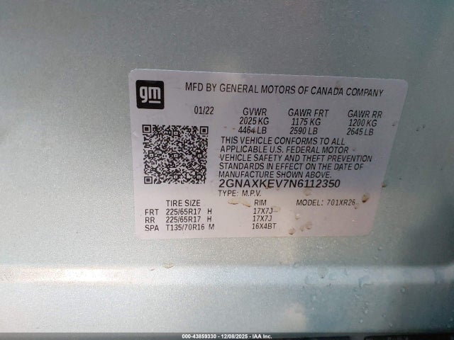 2022 Chevrolet Equinox Fwd Lt მანქანა იყიდება აუქციონზე, vin: 2GNAXKEV7N6112350, აუქციონის ნომერი: 43859330