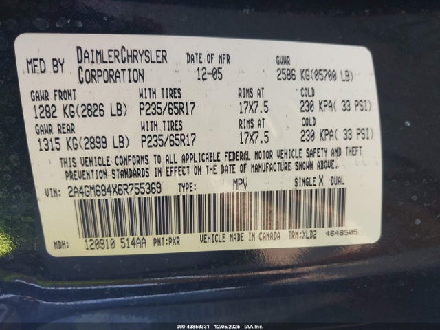Продажа на аукционе авто 2006 Chrysler Pacifica Touring, vin: 2A4GM684X6R755369, номер лота: 43859331