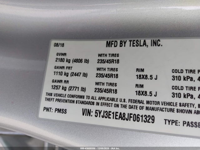 Aukcja sprzedaży 2018 Tesla Model 3 Long Range/mid Range, vin: 5YJ3E1EA8JF061329, numer aukcji: 43859358