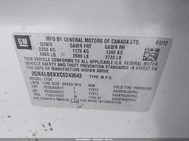2012 CHEVROLET EQUINOX 2GNALBEKXC6243643 Photo 8