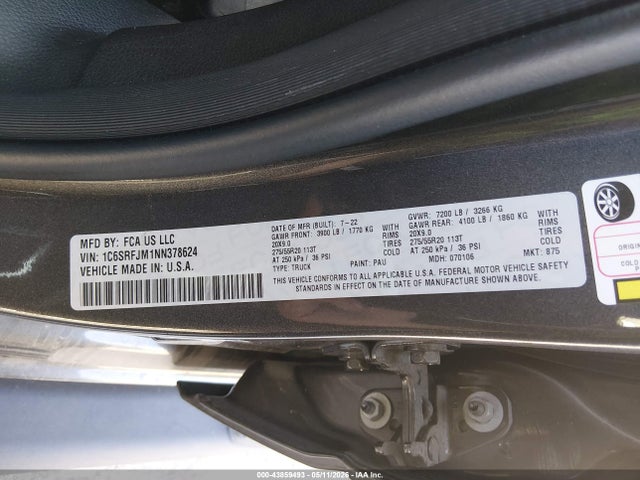 Продаж на аукціоні авто 2022 Ram 1500, vin: 1C6SRFJM1NN378624, номер лоту: 43859493