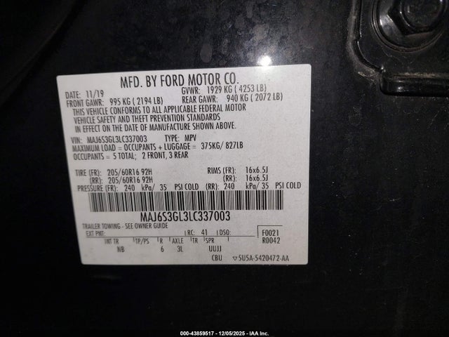 Aukcja sprzedaży 2020 Ford Ecosport Se, vin: MAJ6S3GL3LC337003, numer aukcji: 43859517