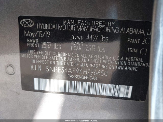 5NPE34AF9KH796650 Hyundai SONATA SEL