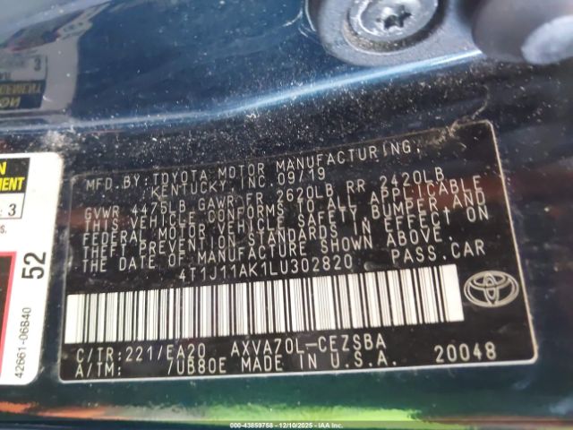 2020 TOYOTA CAMRY 4T1J11AK1LU302820 Photo 8
