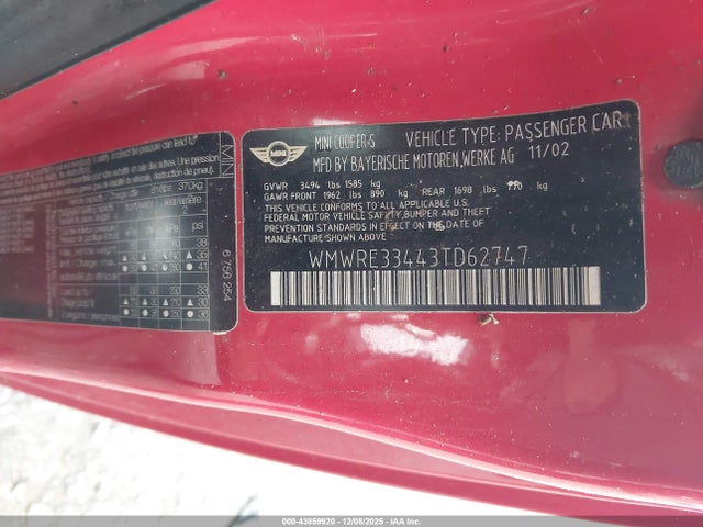 2003 MINI COOPER S WMWRE33443TD62747 Photo 8