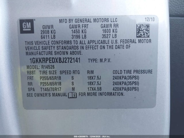 43859979 :رقم المزاد ، 1GKKRPEDXBJ272141 vin ، 2011 Gmc Acadia Sle مزاد بيع