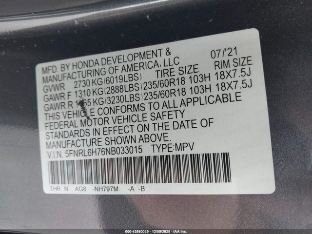 43860039 :رقم المزاد ، 5FNRL6H76NB033015 vin ، 2022 Honda Odyssey Ex-l مزاد بيع