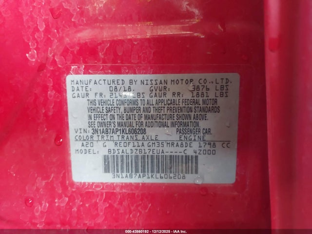 Nissan SENTRA SV 2019 3N1AB7AP1KL606208 Image 9