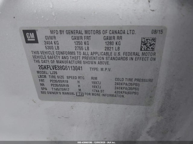 43860196 :رقم المزاد ، 2GKFLVE38G6113041 vin ، 2016 Gmc Terrain Denali مزاد بيع