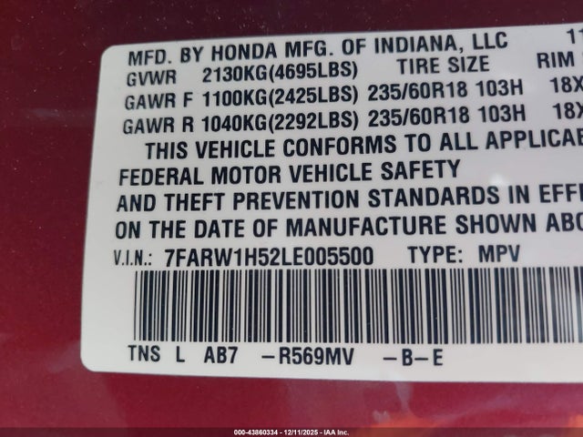 7FARW1H52LE005500 Honda Cr-v 2wd Ex