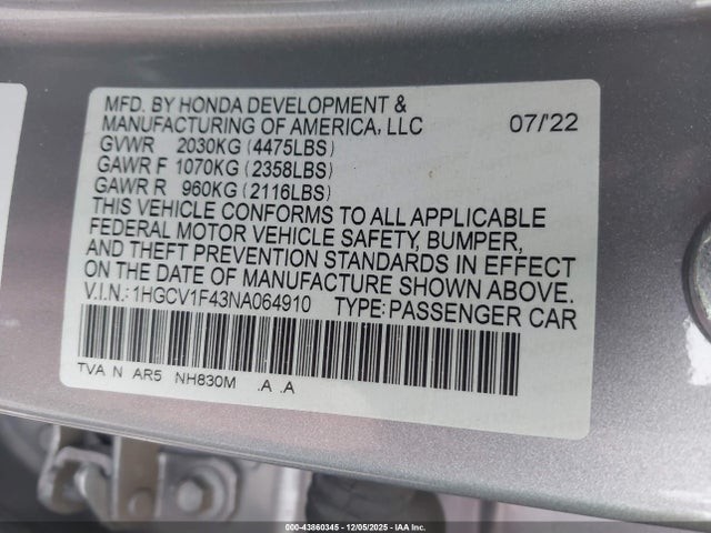 1HGCV1F43NA064910 Honda Accord Sport Se