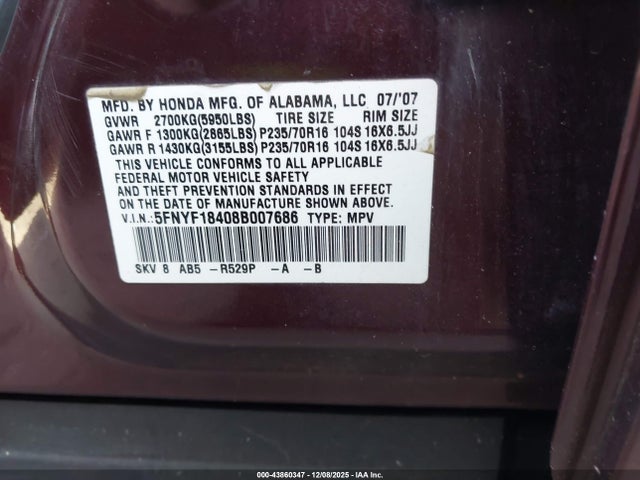 2008 Honda Pilot Ex მანქანა იყიდება აუქციონზე, vin: 5FNYF18408B007686, აუქციონის ნომერი: 43860347