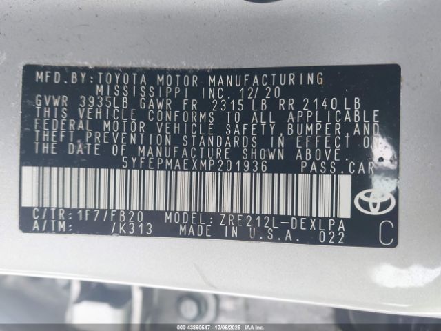 2021 TOYOTA COROLLA 5YFEPMAEXMP201936 Photo 8