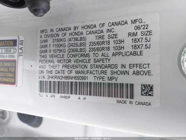 2HKRW2H86NH650991 Honda Cr-v Awd Ex-l