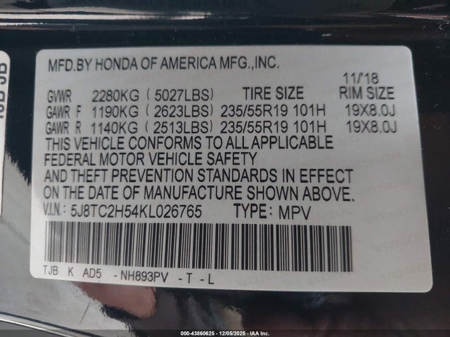 43860625 :رقم المزاد ، 5J8TC2H54KL026765 vin ، 2019 Acura Rdx Technology Package مزاد بيع