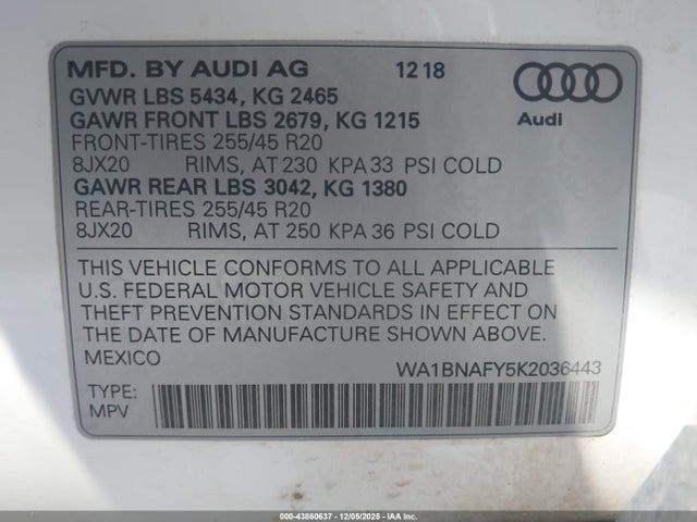 Продаж на аукціоні авто 2019 Audi Q5 45 Premium, vin: WA1BNAFY5K2036443, номер лоту: 43860637