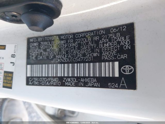 2012 TOYOTA PRIUS JTDKN3DU1C5477231 Photo 8