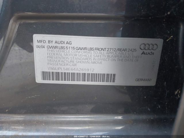 2004 AUDI S4 WAUPL58E64A265912 Photo 8