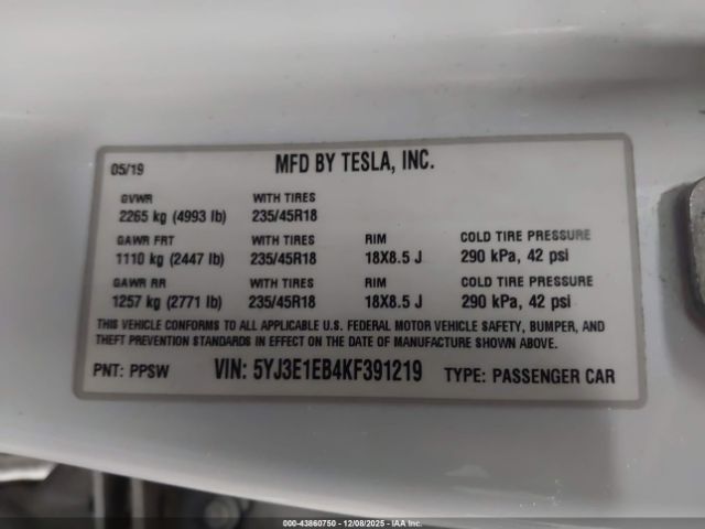 2019 TESLA MODEL 3 5YJ3E1EB4KF391219 Photo 8