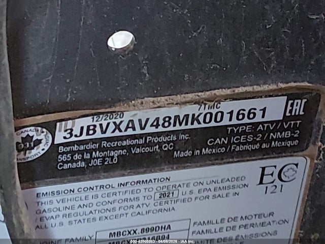 Продаж на аукціоні авто 2021 Can-am Maverick X3, vin: 3JBVXAV48MK001661, номер лоту: 43860883