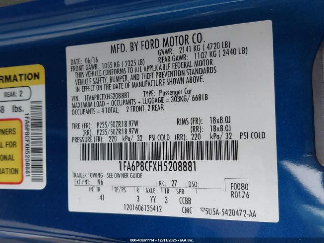 2017 FORD MUSTANG 1FA6P8CFXH5208881 Photo 8