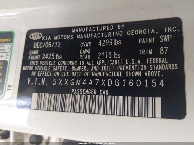 Auction sale of the 2013 Kia Optima Lx, vin: 5XXGM4A7XDG160154, lot number: 43861131