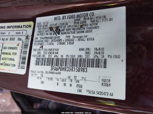 Aukcja sprzedaży 2013 Ford Fusion Se, vin: 3FA6P0HR3DR158983, numer aukcji: 43861186
