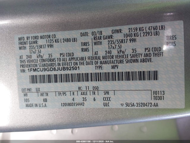 1FMCU9GD8JUB92501 Ford ESCAPE SE