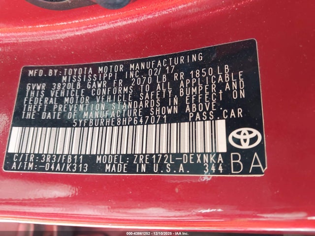 Toyota COROLLA LE 2017 5YFBURHE8HP647071 Image 9