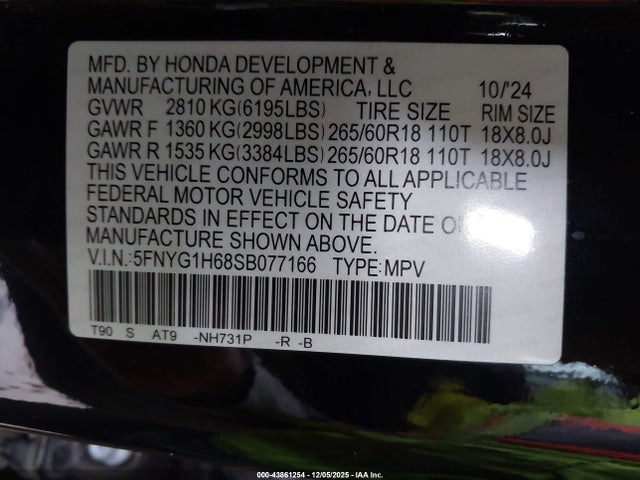 5FNYG1H68SB077166 Honda j35y8