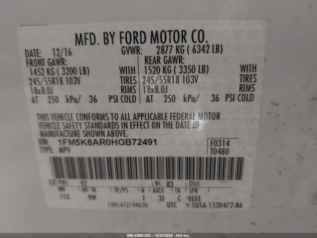 1FM5K8AR0HGB72491 Ford Utility Police Interceptor