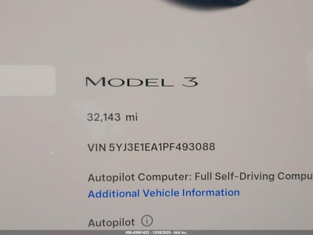 2023 Tesla Model 3 Rear-wheel Drive მანქანა იყიდება აუქციონზე, vin: 5YJ3E1EA1PF493088, აუქციონის ნომერი: 43861422