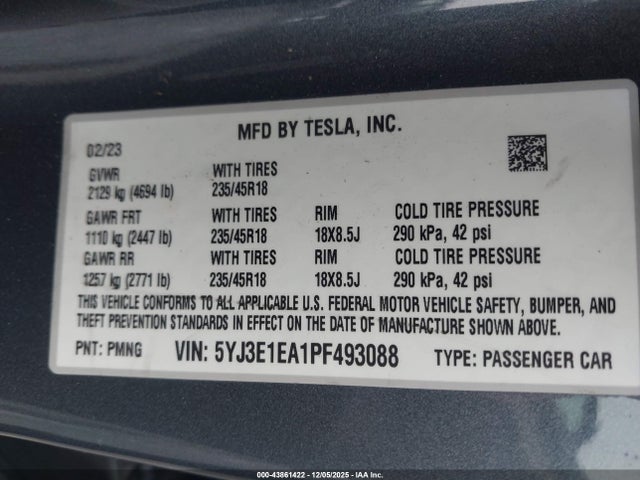 2023 Tesla Model 3 Rear-wheel Drive მანქანა იყიდება აუქციონზე, vin: 5YJ3E1EA1PF493088, აუქციონის ნომერი: 43861422