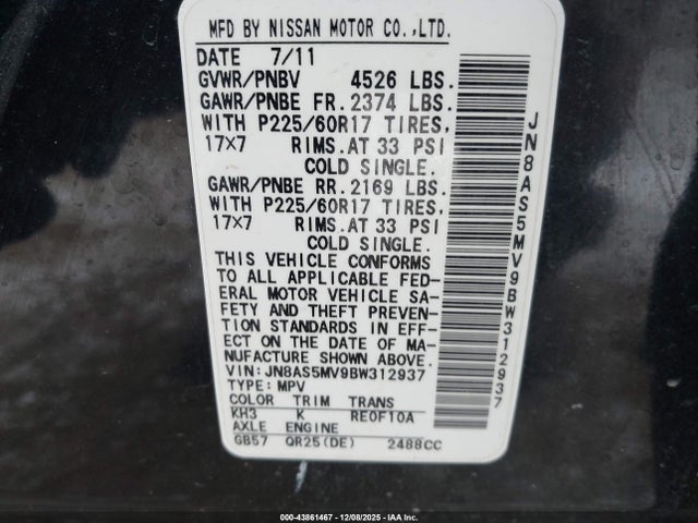43861467 :رقم المزاد ، JN8AS5MV9BW312937 vin ، 2011 Nissan Rogue Sv مزاد بيع