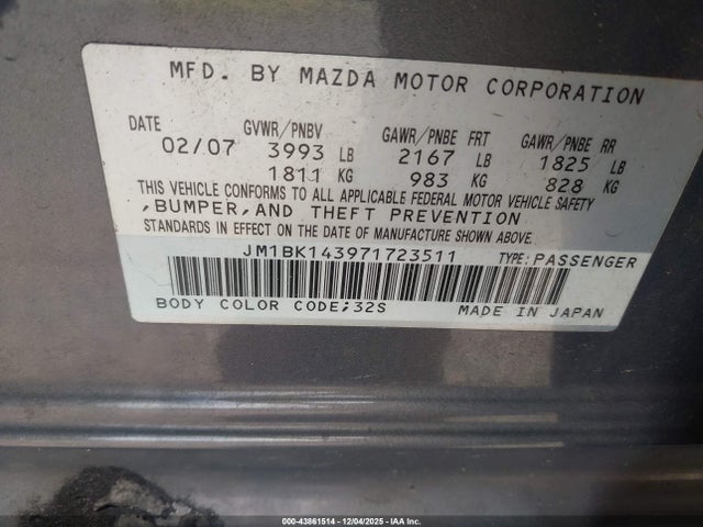 Aukcja sprzedaży 2007 Mazda Mazda3 S Sport, vin: JM1BK143971723511, numer aukcji: 43861514