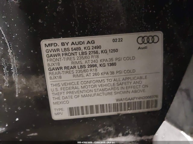 Продаж на аукціоні авто 2022 Audi Q5 Premium 45 Tfsi S Line Quattro S Tronic, vin: WA1GAAFY4N2066376, номер лоту: 43861609