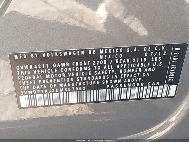 Продажа на аукционе авто 2013 Volkswagen Jetta Se, vin: 3VWDP7AJ3DM357962, номер лота: 43861735