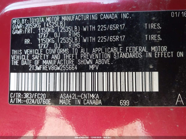 2T3WFREV8GW255664 Toyota Rav4 Xle
