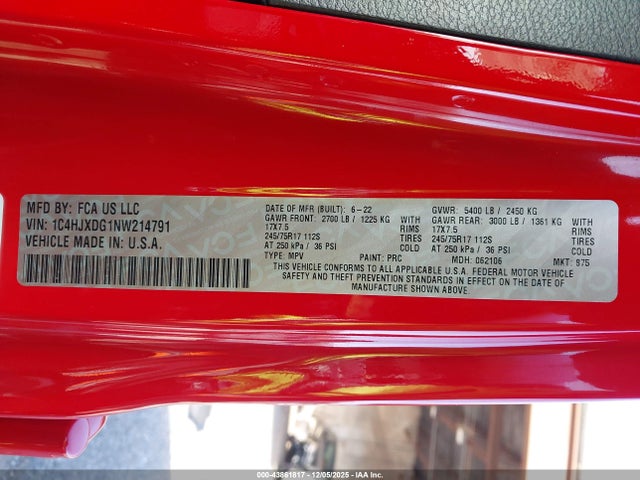 43861817 :رقم المزاد ، 1C4HJXDG1NW214791 vin ، 2022 Jeep Wrangler Unlimited Sport S 4x4 مزاد بيع