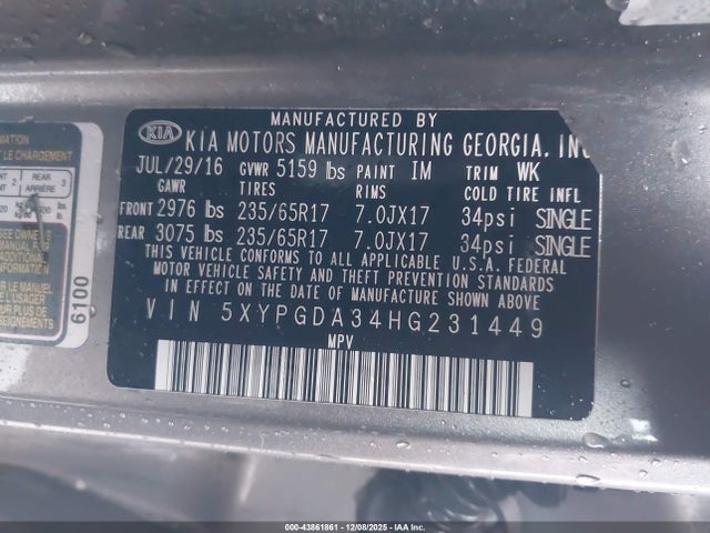 5XYPGDA34HG231449 KIA Sorento 2.4l Lx