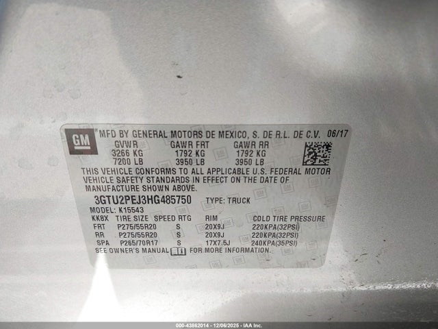 Aukcja sprzedaży 2017 Gmc Sierra 1500 Denali, vin: 3GTU2PEJ3HG485750, numer aukcji: 43862014