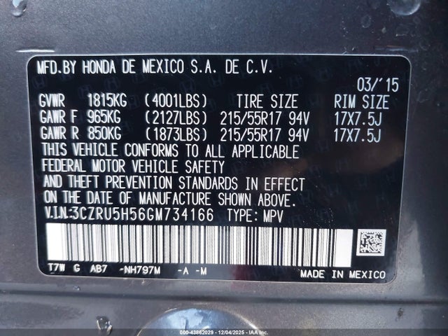 3CZRU5H56GM734166 Honda HR-V EX