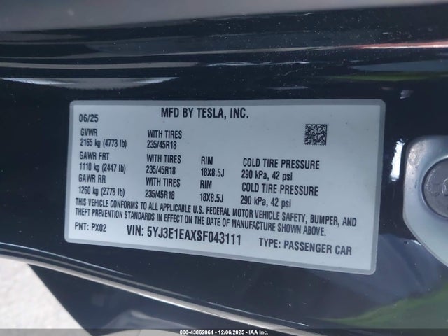 2025 TESLA MODEL 3 5YJ3E1EAXSF043111 Photo 8