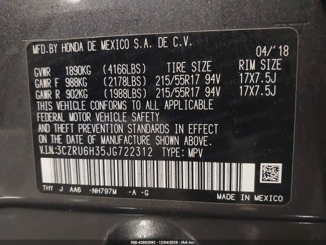 3CZRU6H35JG722312 Honda HR-V LX